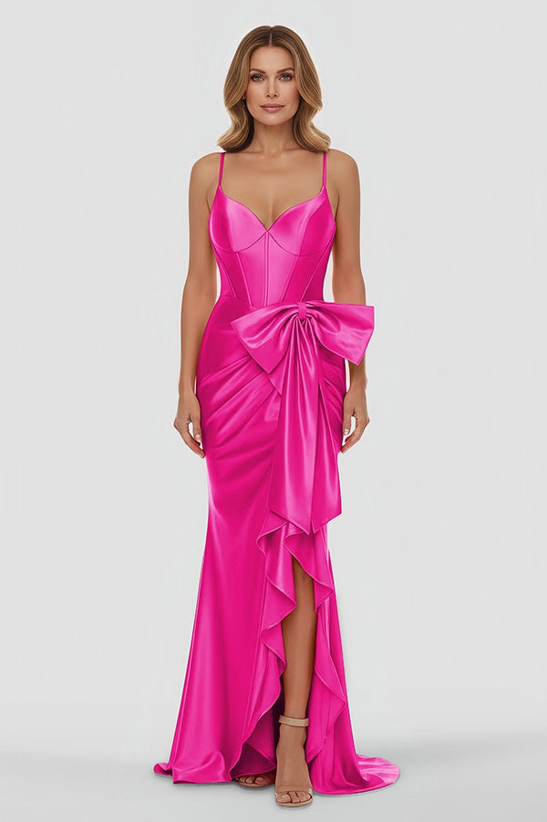 Straps V-Neck Satin Mermaid Prom Dress with Bow, Fuchsia / 6 Straps V-Neck Satin Mermaid Prom Dress with Bow, Fuchsia / 6