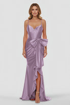 Jianna | Straps V - Neck Satin Mermaid Prom Dress with Bow - KissProm