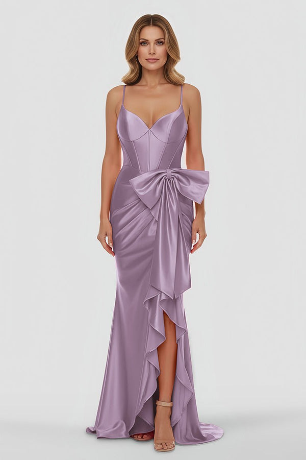 Straps V-Neck Satin Mermaid Prom Dress with Bow Lavender / 10 Straps V-Neck Satin Mermaid Prom Dress with Bow Lavender / 10