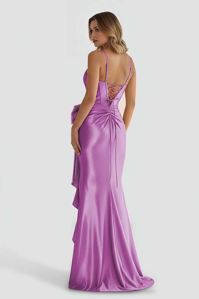 Jianna | Straps V - Neck Satin Mermaid Prom Dress with Bow - KissProm
