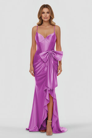 Jianna | Straps V - Neck Satin Mermaid Prom Dress with Bow - KissProm