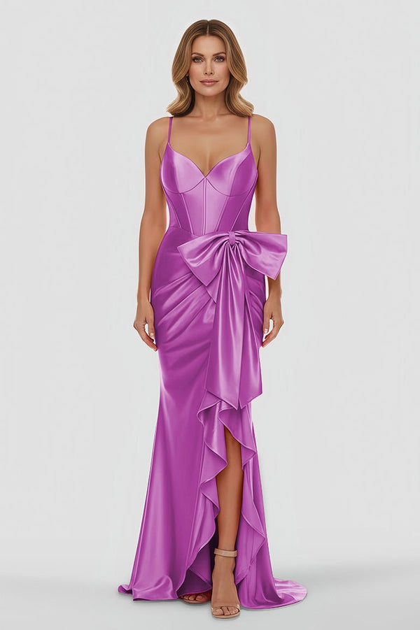 Jianna | Straps V - Neck Satin Mermaid Prom Dress with Bow - KissProm