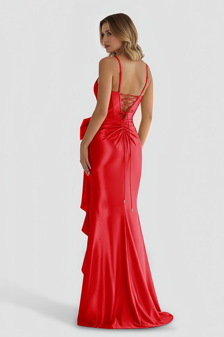 Jianna | Straps V - Neck Satin Mermaid Prom Dress with Bow - KissProm