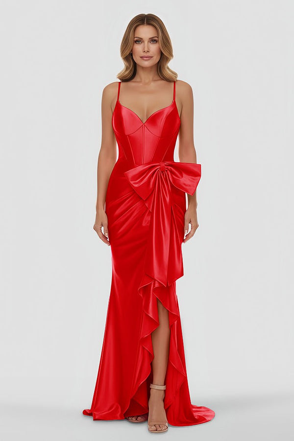 Straps V-Neck Satin Mermaid Prom Dress with Bow Red / 12