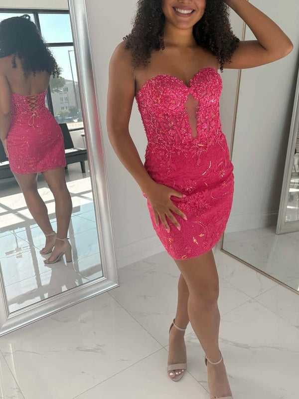 Fuchsia - Bodycon Sweetheart Lace Short Tight Mini Party Dresses with Appliques – Homecoming Dresses by KissProm | Available at KissProm