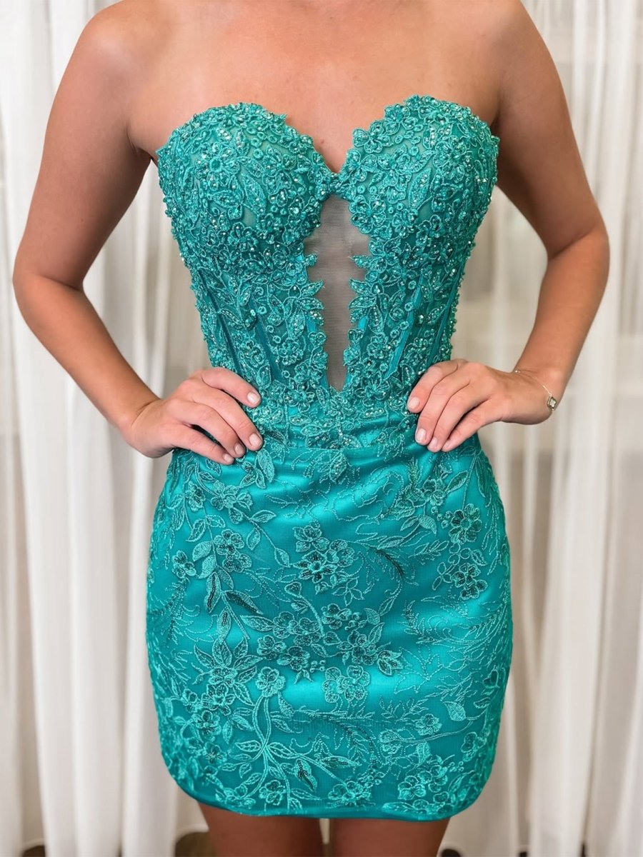 Turquoise - Bodycon Sweetheart Lace Short Tight Homecoming Dresses wit Turquoise - Bodycon Sweetheart Lace Short Tight Homecoming Dresses wit