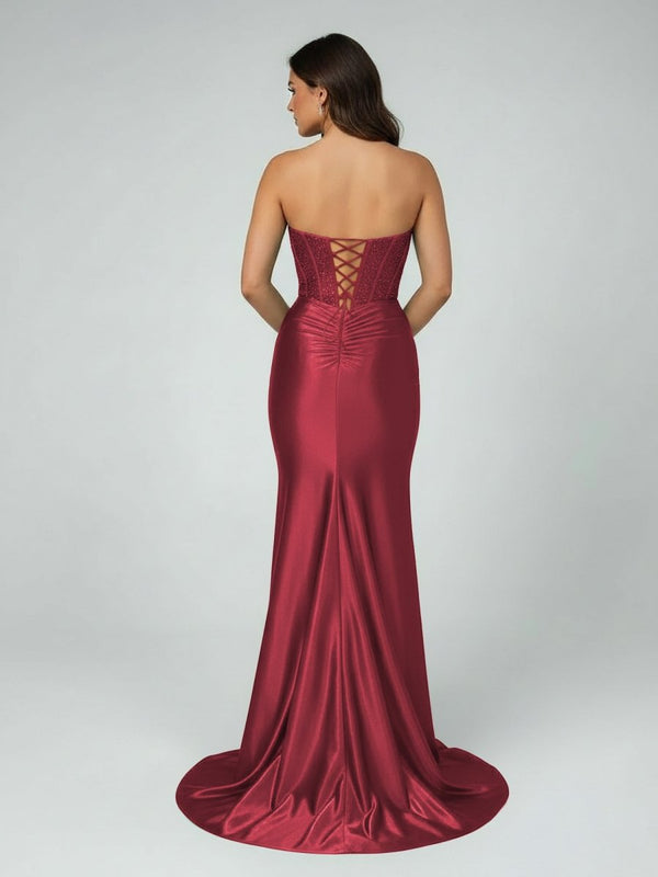 Burgundy Beaded Sweetheart Mermaid Long Prom Dress - KissProm