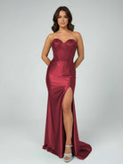 Joanni | Burgundy Beaded Sweetheart Mermaid Long Prom Dress - KissProm