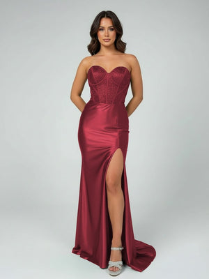 Joanni | Burgundy Beaded Sweetheart Mermaid Long Prom Dress - KissProm