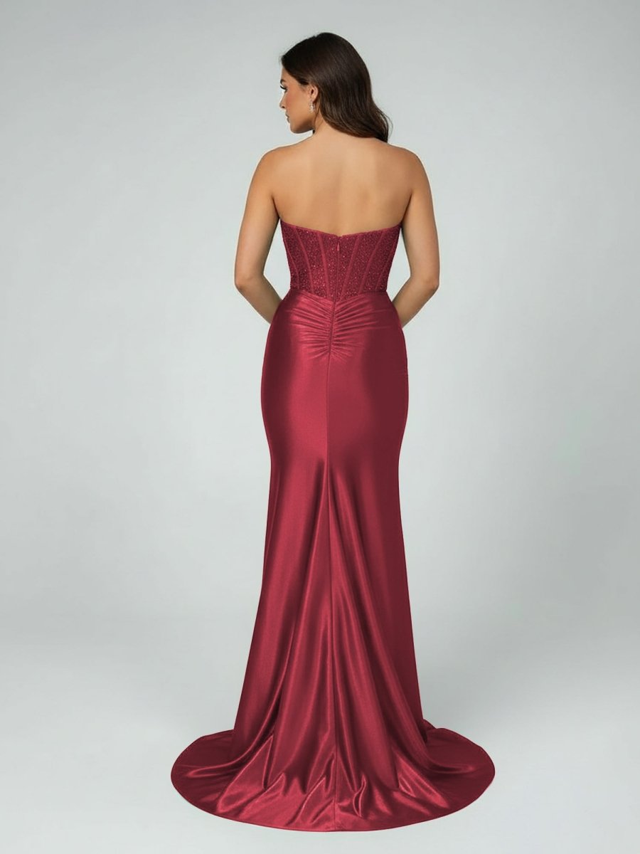 Joanni | Burgundy Beaded Sweetheart Mermaid Long Prom Dress - KissProm