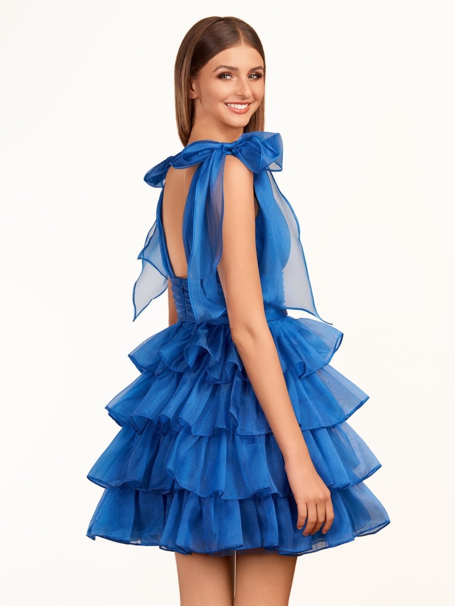 Trendy A-Line Royal Blue Tiered Homecoming Dress with Bow, Royal Blue / 2