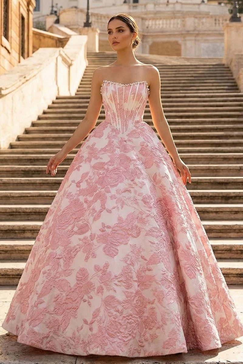 Pink - A Line Strapless Jacquard Long Prom Dresses - KissProm
