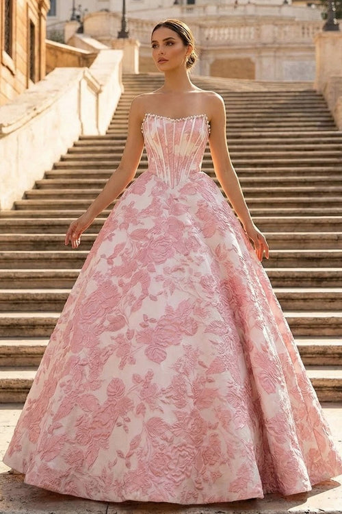 Pink - A Line Strapless Jacquard Long Prom Dresses - KissProm