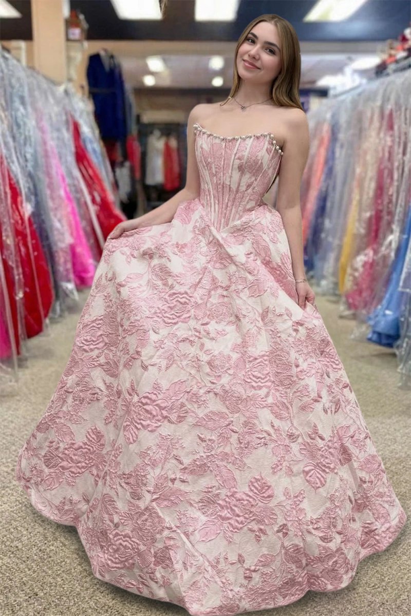 Jolette | Pink - A Line Strapless Jacquard Long Prom Dresses - KissProm