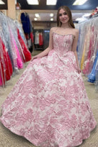 Jolette | Pink - A Line Strapless Jacquard Long Prom Dresses - KissProm
