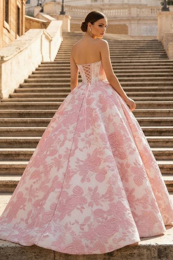 KissProm Pink A Line Strapless Jacquard Long Prom Dresses, Pink / 18