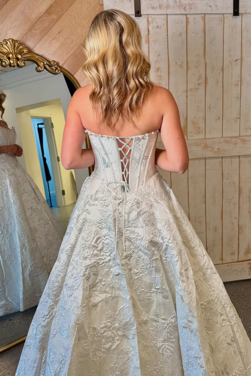 Jolette | White - A Line Strapless Jacquard Long Prom Dresses - KissProm