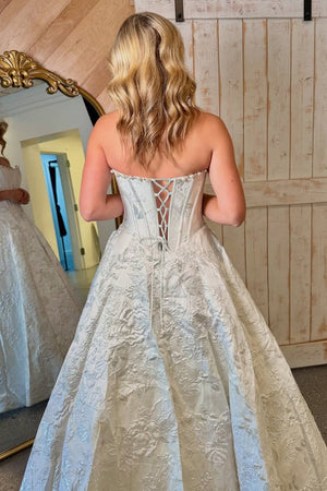 Jolette | White - A Line Strapless Jacquard Long Prom Dresses - KissProm