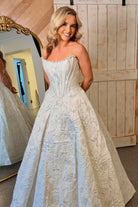 Jolette | White - A Line Strapless Jacquard Long Prom Dresses - KissProm