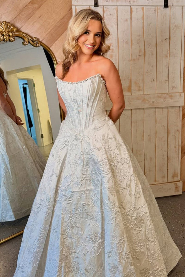 Jolette | White - A Line Strapless Jacquard Long Prom Dresses - KissProm