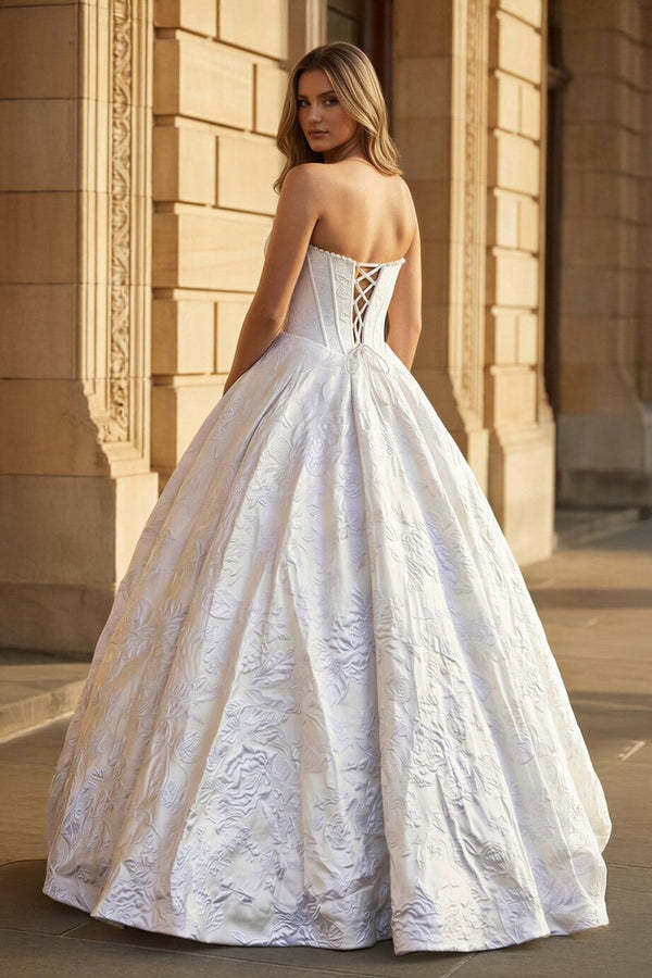 White - A Line Strapless Jacquard Long Prom Dresses - KissProm