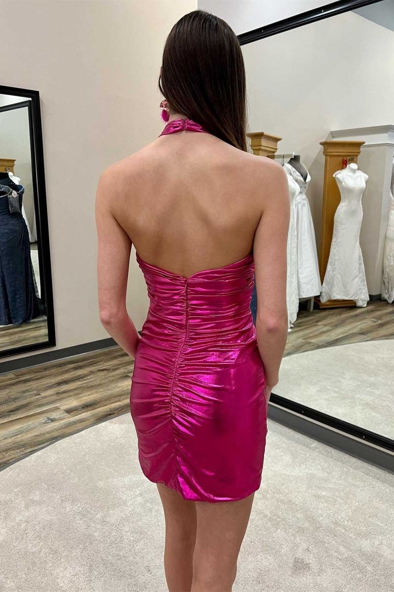 white christmas dresses Hot Pink Notch Neck Bodycon Satin Mini Dress main image 0
