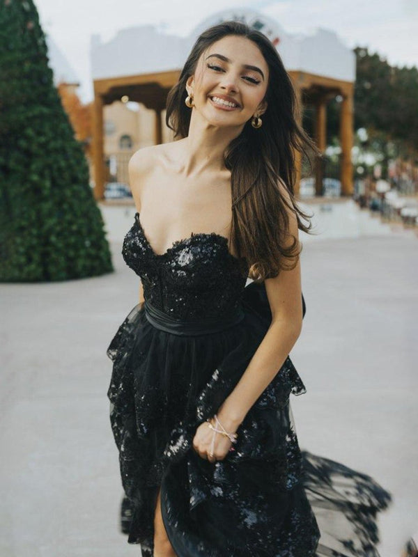 Jonjay | A - Line Sweetheart Sequin Ruffles Long Prom Dresses with Bow - KissProm