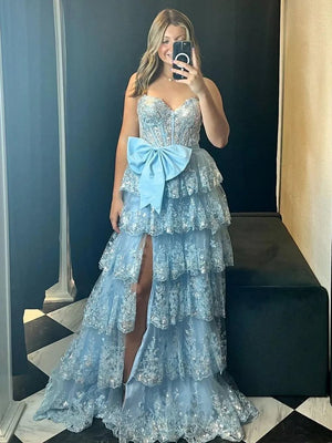 Jonjay | A - Line Sweetheart Sequin Ruffles Long Prom Dresses with Bow - KissProm