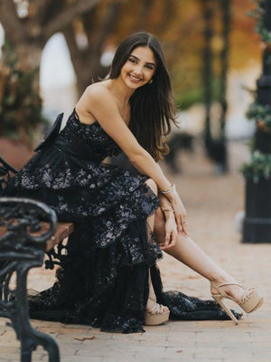 Jonjay | A - Line Sweetheart Sequin Ruffles Long Prom Dresses with Bow - KissProm