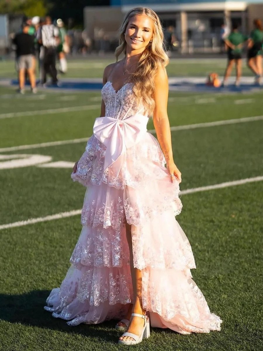 Jonjay | A - Line Sweetheart Sequin Ruffles Long Prom Dresses with Bow - KissProm