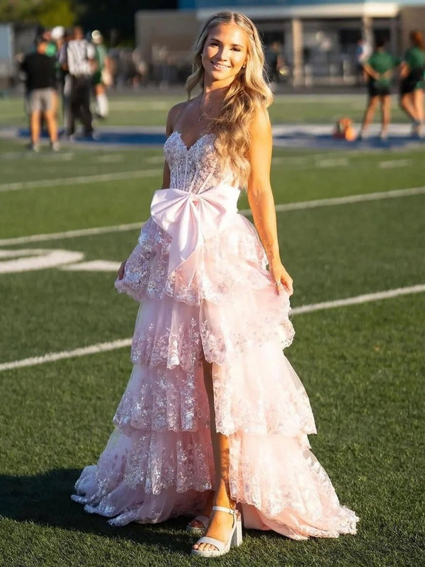 Jonjay | A - Line Sweetheart Sequin Ruffles Long Prom Dresses with Bow - KissProm