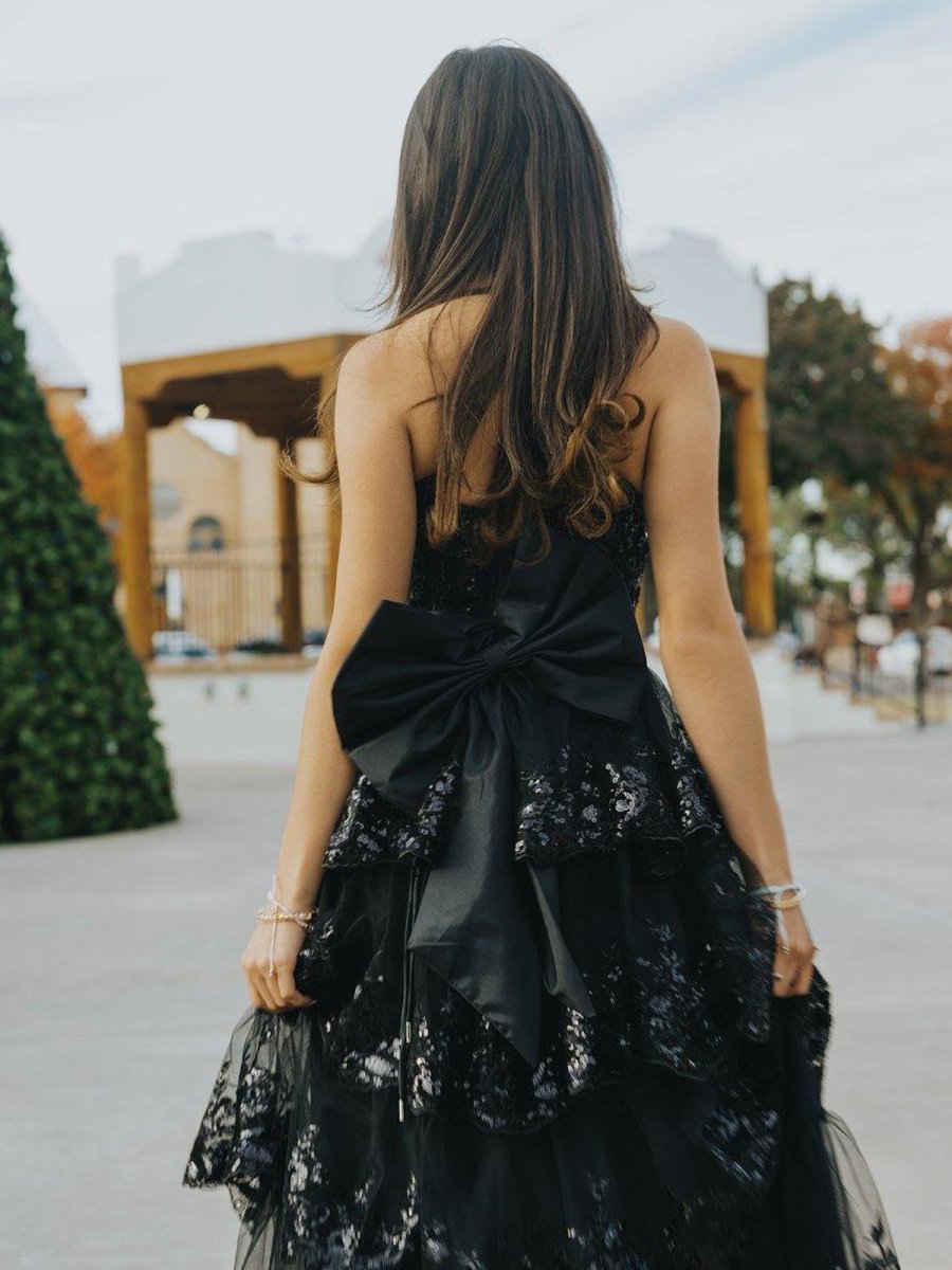 bow blue sequinned line dress Dressime A Line Strapless Bow Ruffle Tiered Long Prom Dress with Slit –  dressime main image 1