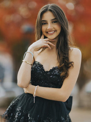 Jonjay | A - Line Sweetheart Sequin Ruffles Long Prom Dresses with Bow - KissProm