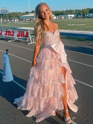 Jonjay | A - Line Sweetheart Sequin Ruffles Long Prom Dresses with Bow - KissProm