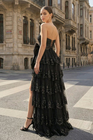 KissProm- Sweetheart Black Lace Appliques Ruffle Long Formal Gown