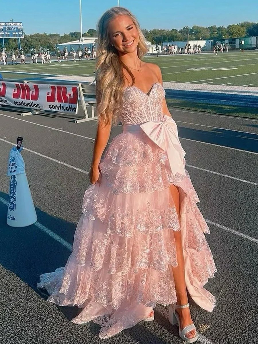 Sweetheart Light Blue Lace Appliques Ruffle Long Formal Gown