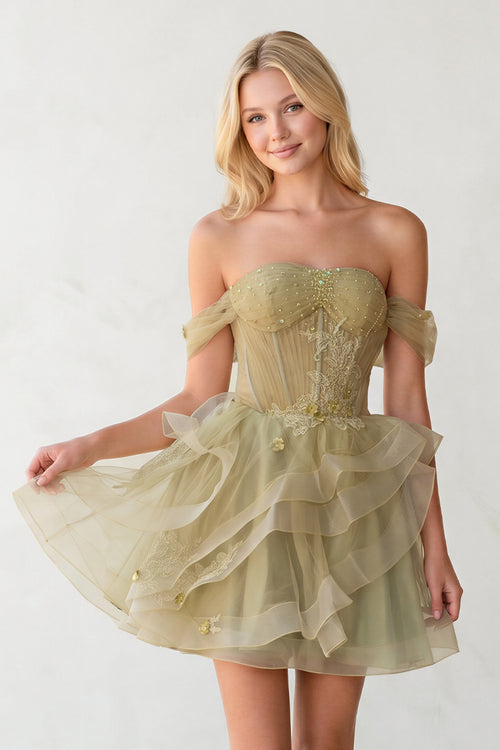 Sage - Off The Shoulder A Line Sequins Tulle Homecoming Dresses With Appliques