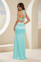 Joralia | Blush - Halter Sheath Satin Cutout Formal Prom Dresses With Slit - KissProm