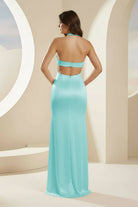 Joralia | Blush - Halter Sheath Satin Cutout Formal Prom Dresses With Slit - KissProm