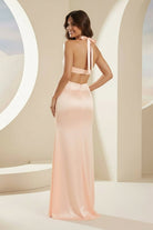 Joralia | Blush - Halter Sheath Satin Cutout Formal Prom Dresses With Slit - KissProm
