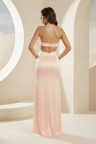 Joralia | Blush - Halter Sheath Satin Cutout Formal Prom Dresses With Slit - KissProm