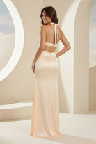 Joralia | Blush - Halter Sheath Satin Cutout Formal Prom Dresses With Slit - KissProm