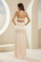 Joralia | Blush - Halter Sheath Satin Cutout Formal Prom Dresses With Slit - KissProm