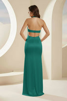 Joralia | Blush - Halter Sheath Satin Cutout Formal Prom Dresses With Slit - KissProm