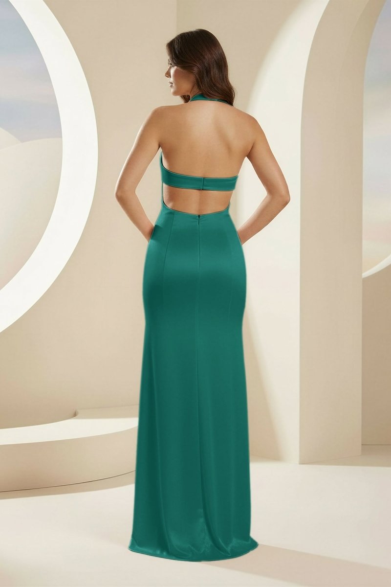 Joralia | Blush - Halter Sheath Satin Cutout Formal Prom Dresses With Slit - KissProm