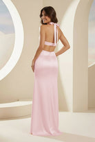 Joralia | Blush - Halter Sheath Satin Cutout Formal Prom Dresses With Slit - KissProm