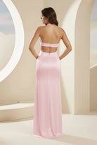 Joralia | Blush - Halter Sheath Satin Cutout Formal Prom Dresses With Slit - KissProm