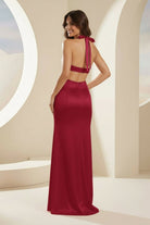 Joralia | Blush - Halter Sheath Satin Cutout Formal Prom Dresses With Slit - KissProm
