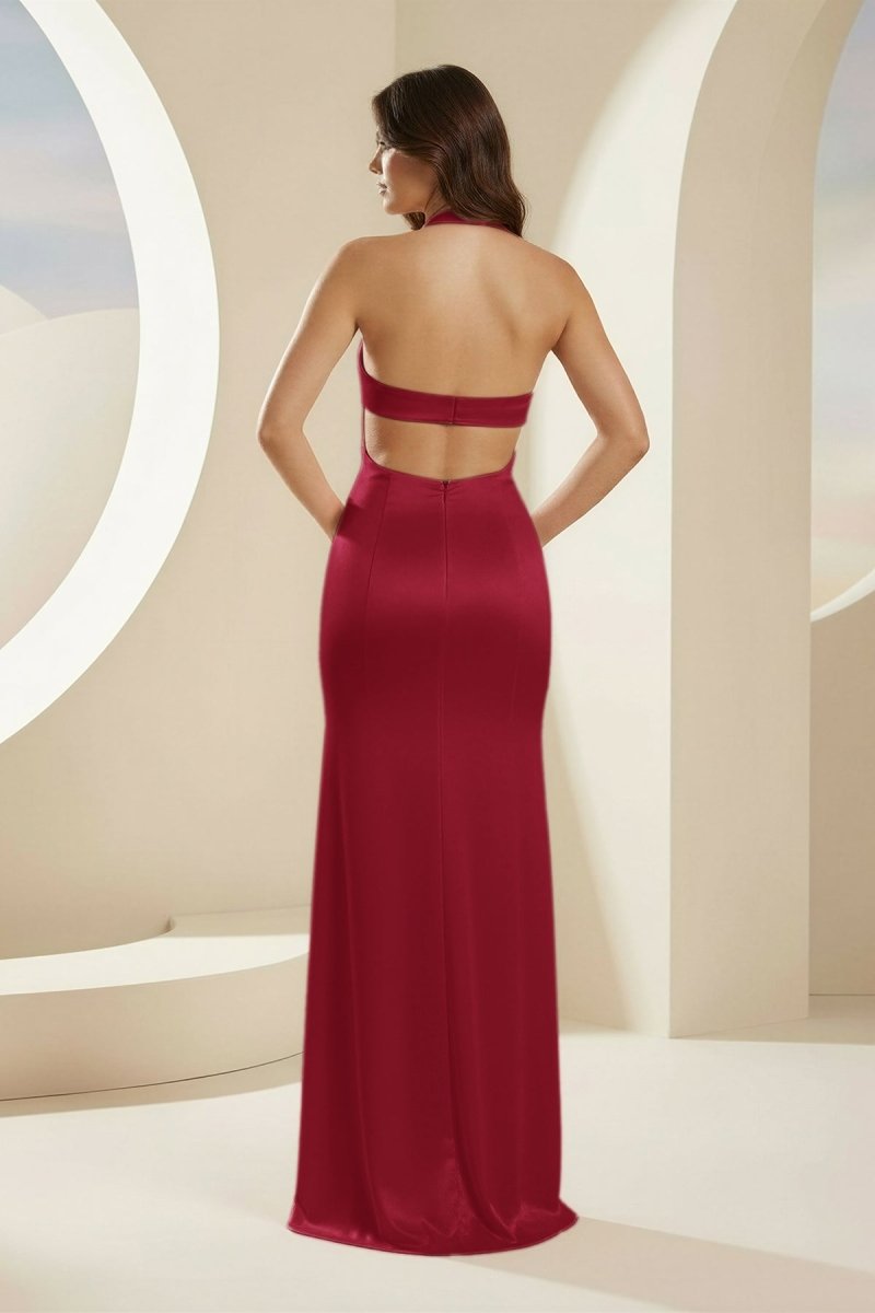 Joralia | Blush - Halter Sheath Satin Cutout Formal Prom Dresses With Slit - KissProm
