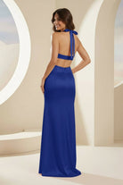 Joralia | Blush - Halter Sheath Satin Cutout Formal Prom Dresses With Slit - KissProm